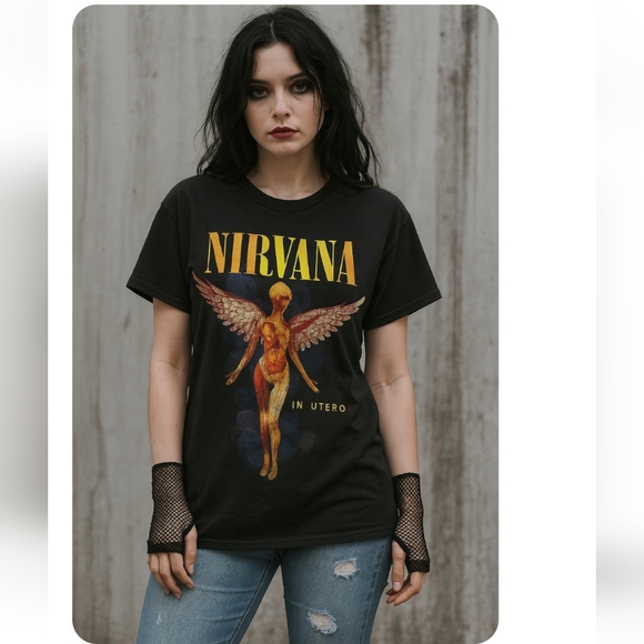Nirvana In Utero Graphic print '93 concert Tee Grunge rock black Tshirt size L‎ - Picture 1 of 7